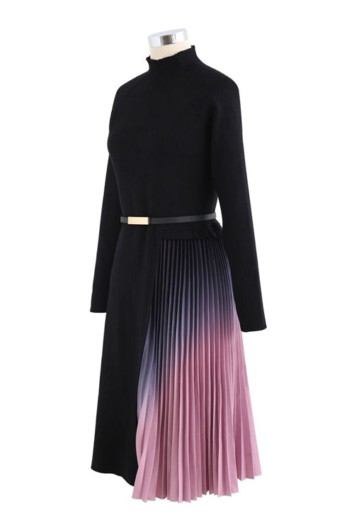 Turtleneck Long Sleeve Ombre Pleated Midi Skirt Dress Set