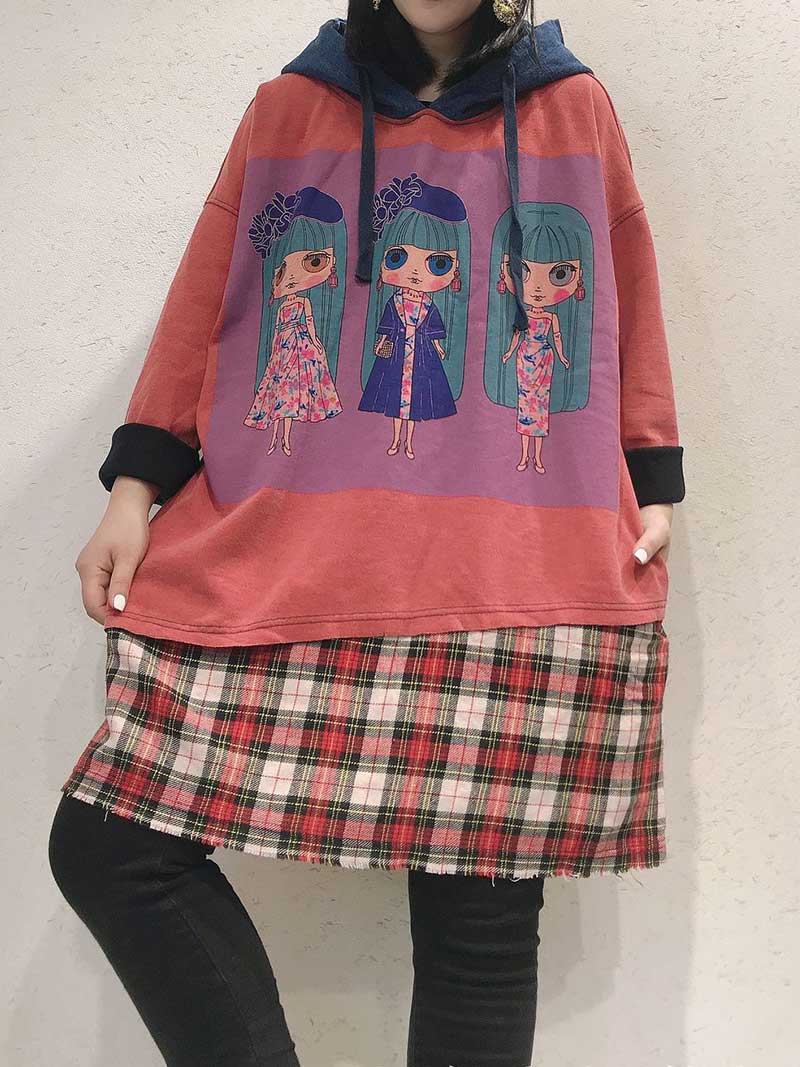 Hooded Doll Print Sweatshirt Midi Dress