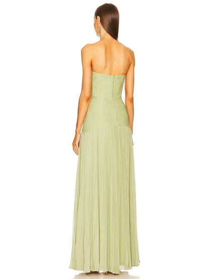 Strapless Drop Waist Accordion Pleat Column Maxi Gown