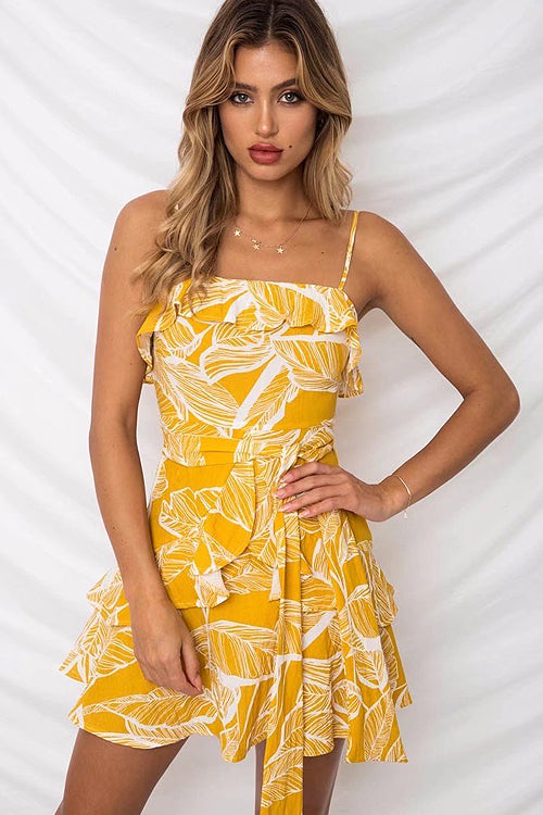 Spaghetti Strap Tie Waist Tropical Print Tiered Mini Dress