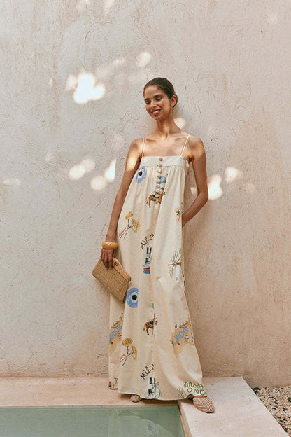 Square Neck Mediterranean Travel Print Pocket Maxi Dress
