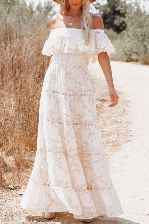 Off Shoulder Tiered Ladder Lace Insert Jacquard Maxi Dress