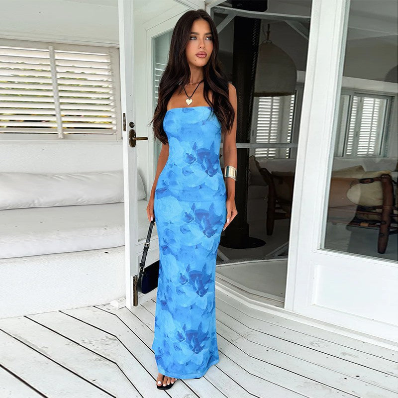 Strapless Abstract Brushstroke Floral Bodycon Column Maxi Dress