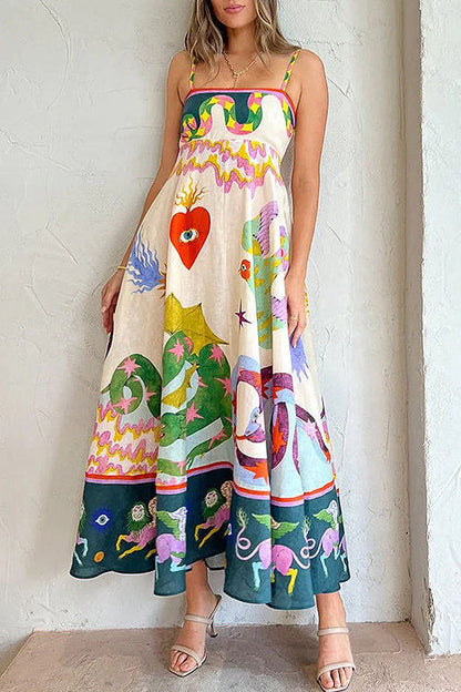 Square Neck Spaghetti Strap Whimsical Print Border Maxi Dress