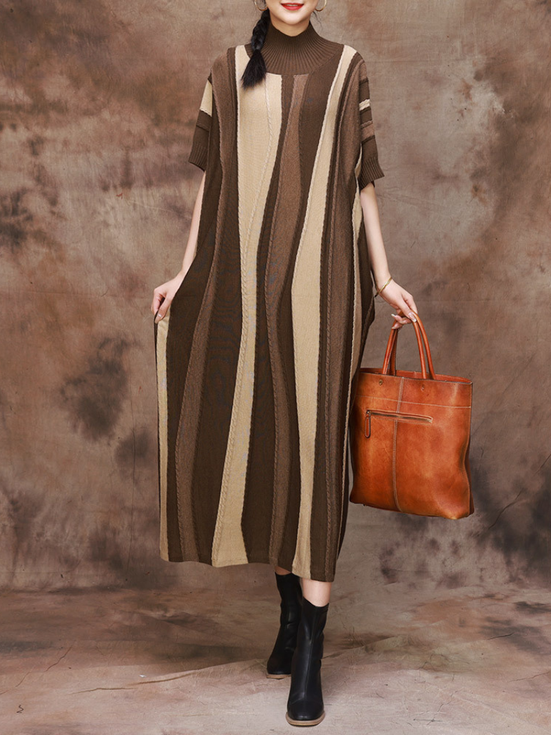 Mock Neck Drop Shoulder Vertical Stripe Oversized Knit Maxi Dress