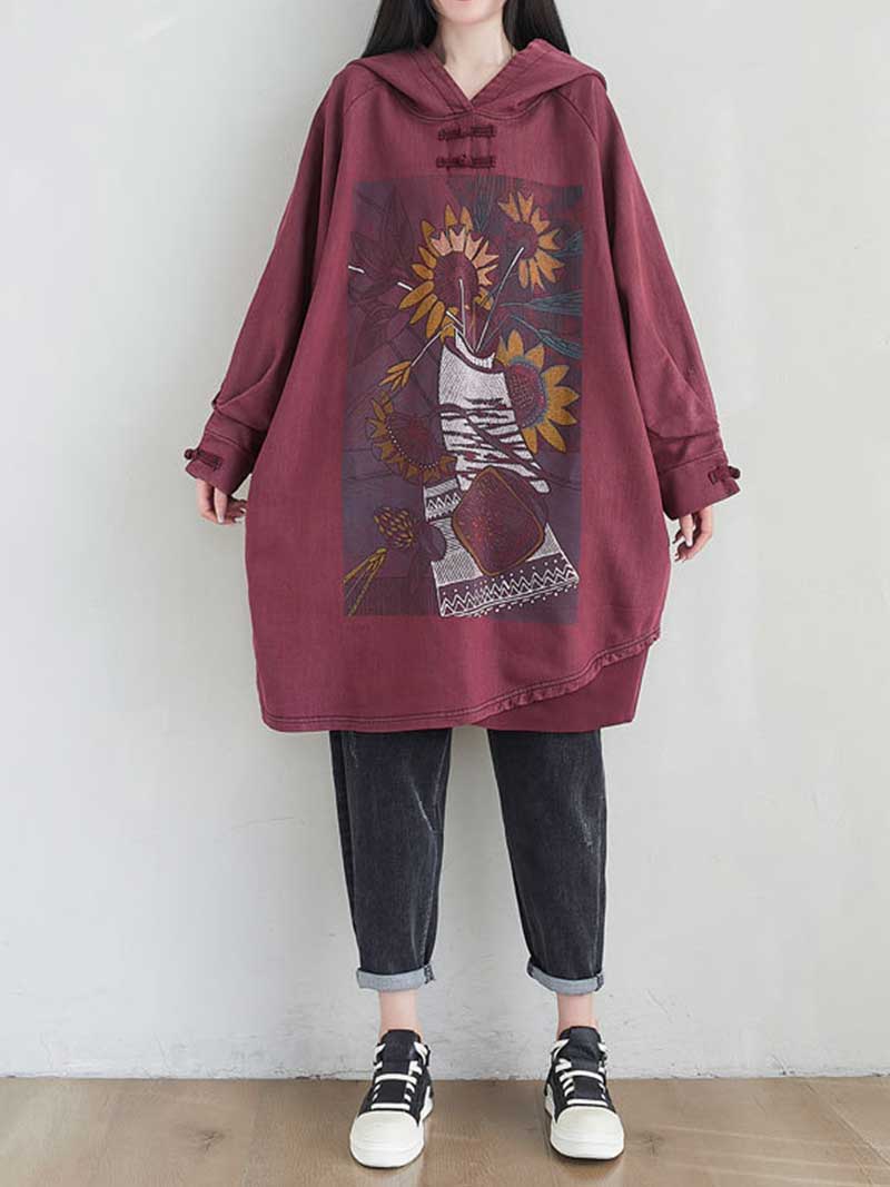 Frog Button Hood Sunflower Print Oversized Sweatshirt Dress