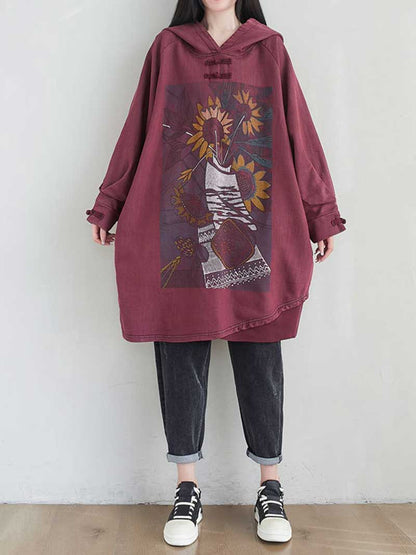 Frog Button Hood Sunflower Print Oversized Sweatshirt Dress