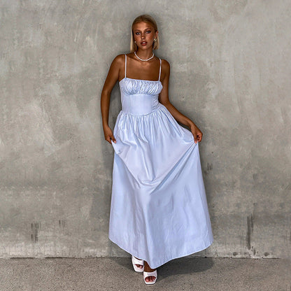 Spaghetti Strap Ruched Bust Corset Bodice A Line Maxi Dress
