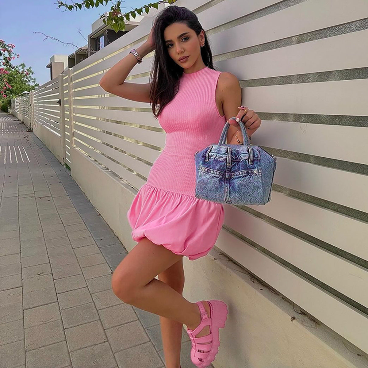 Mock Neck Sleeveless Ribbed Knit Drop Waist Bubble Hem Mini Dress