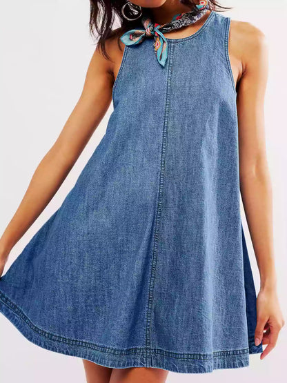 High Neck Sleeveless Denim A-Line Center Seam Mini Dress