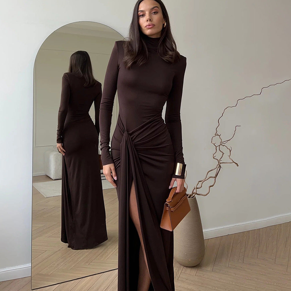 Turtleneck Long Sleeve Twisted Waist Knot High Slit Bodycon Maxi Dress