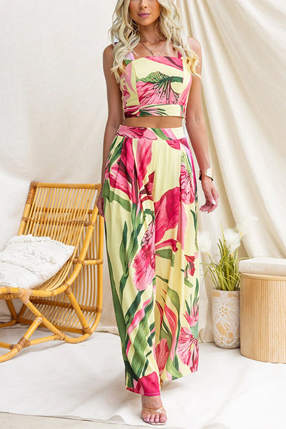 Sleeveless Crop Top and Wide Leg Pants Printed Set