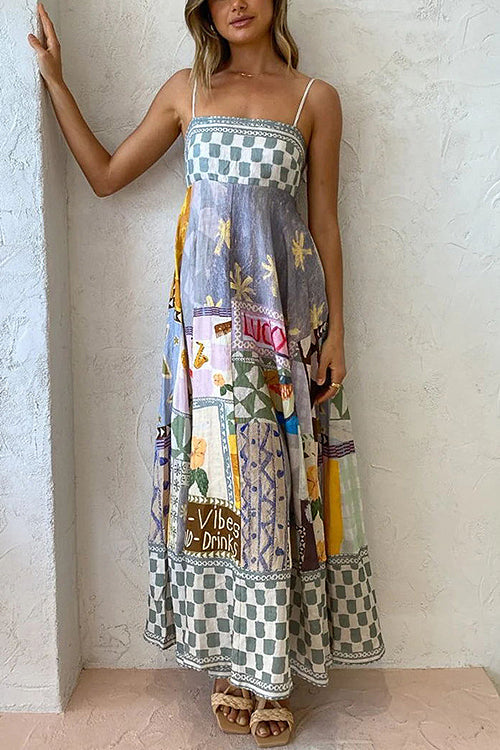 Spaghetti Strap Square Neck Illustrative Print Empire Waist Midi Dress