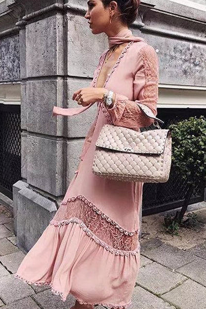 Deep V-Neck Long Sleeve Lace Panel Tiered Pom Trim Maxi Dress
