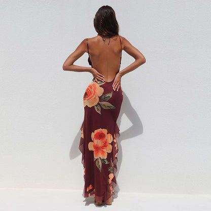 Spaghetti Strap Scoop Neck Side Ruffle Trim Floral Maxi Dress