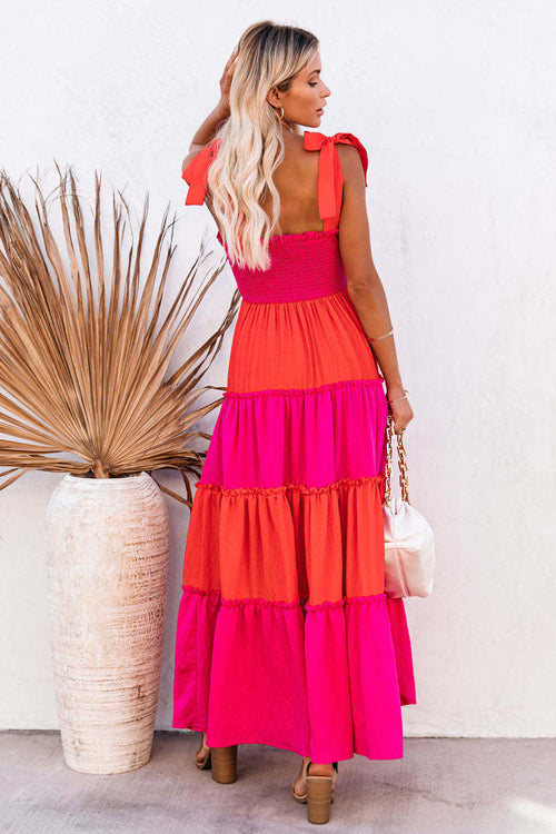 Smocked Square Neck Shoulder Tie Bow Tiered Ruffle Maxi Dress