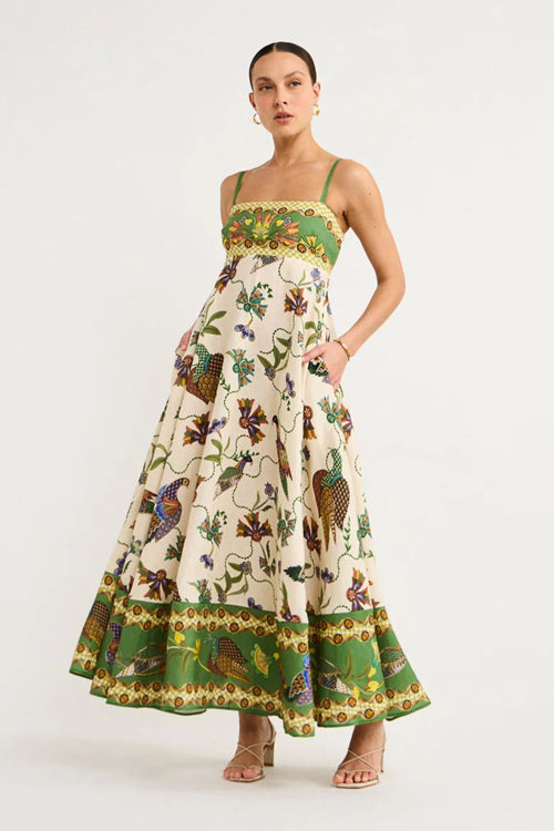 Spaghetti Strap Empire Waist Bird Botanical Border Print Pocket Maxi Dress