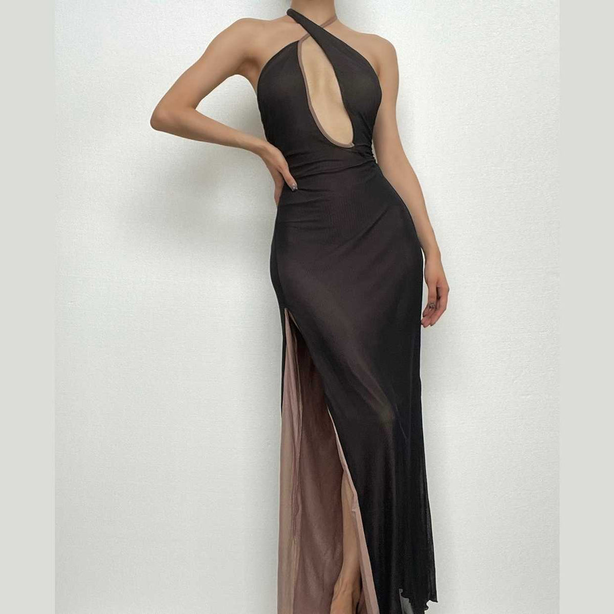 Cross Front Keyhole Halter Mesh Contrast Lined Side Slit Maxi Dress