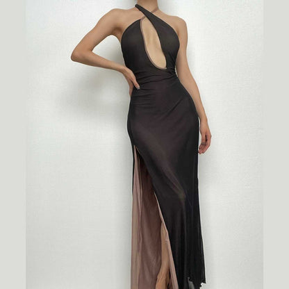 Cross Front Keyhole Halter Mesh Contrast Lined Side Slit Maxi Dress