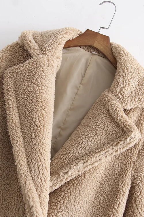 Notch Lapel Double Breasted Pocketed Fuzzy Fleece Coat