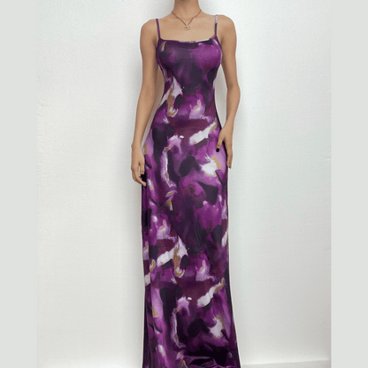 Square Neck Spaghetti Strap Abstract Marble Print Bodycon Maxi Dress