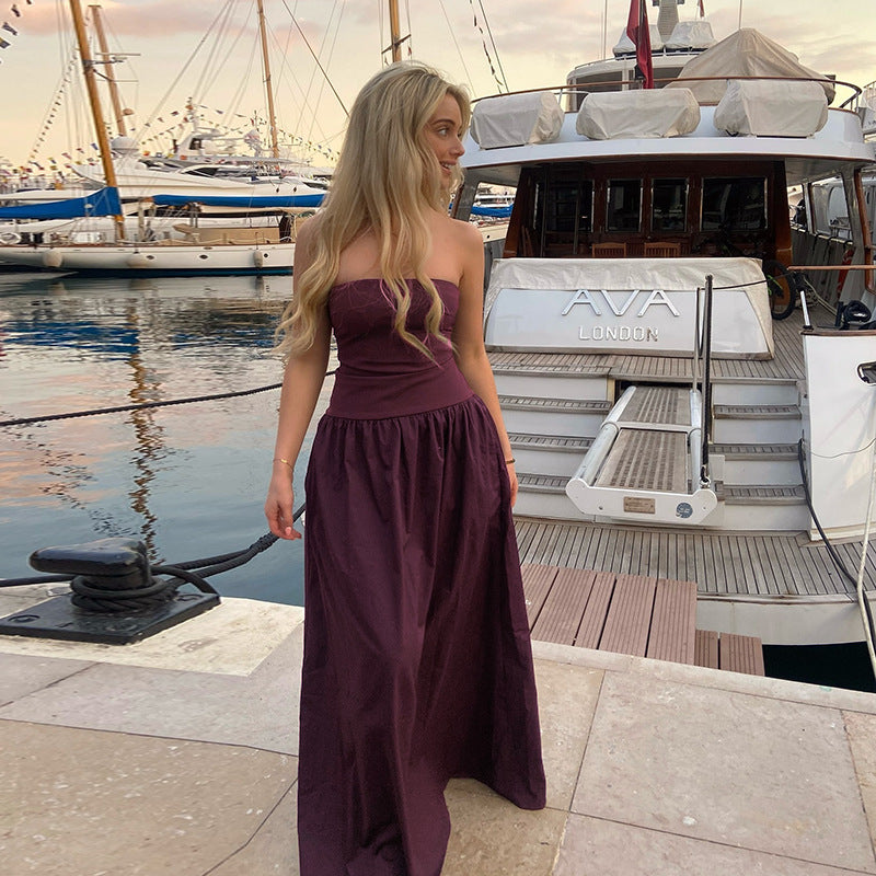 Strapless Bandeau Waistband Pleated Maxi Dress