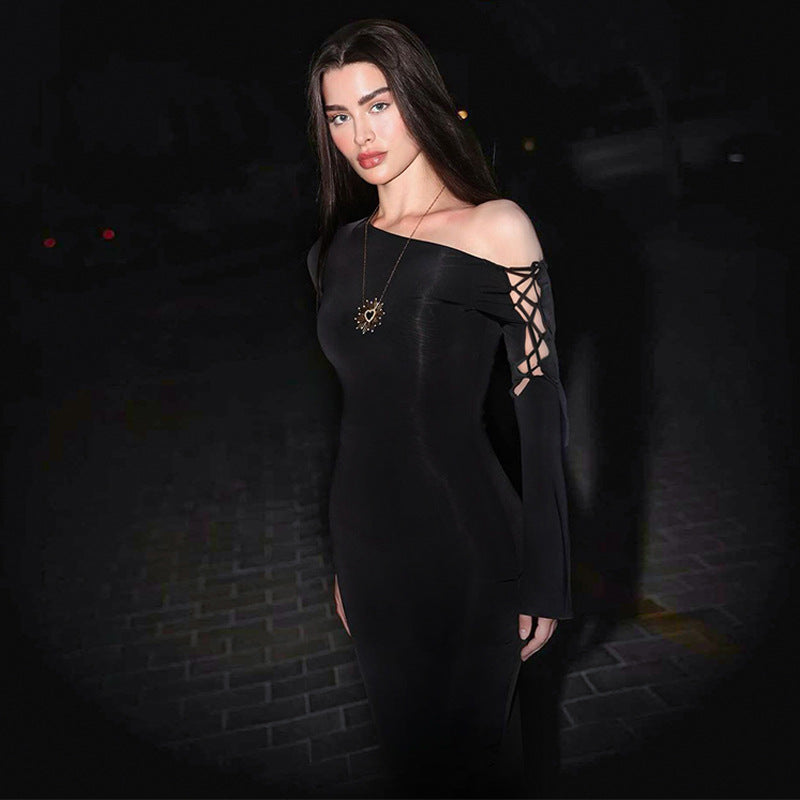 Off Shoulder Lace Up Sleeve Bodycon Split Maxi Dress