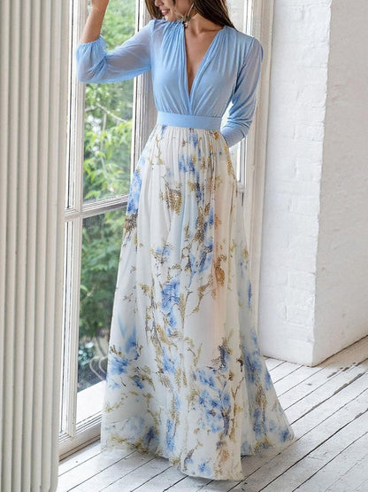 Deep V Bishop Sleeve Belted Accordion Pleat Floral Maxi Dress