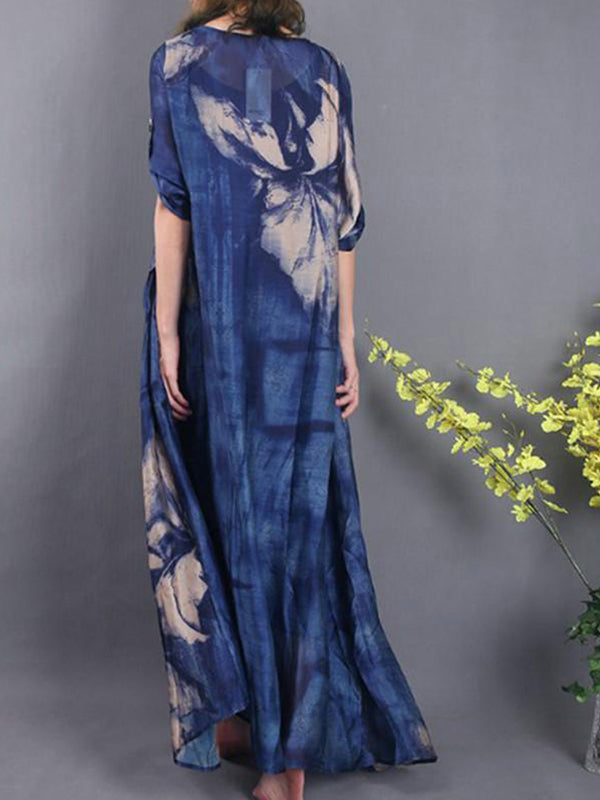 Scoop Neck Batwing Sleeve Abstract Brushstroke Kaftan Maxi Dress