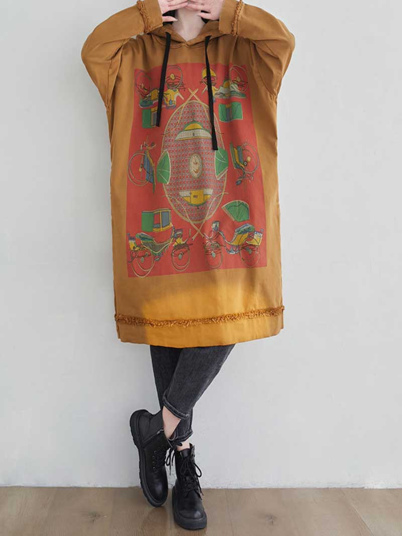 Hooded Drawstring Frayed Hem Graphic Print Oversized Sweatshirt Midi Dress