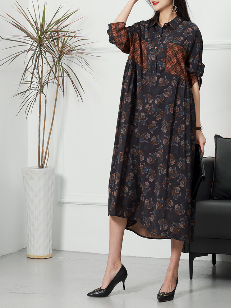 Floral Button Front Shirt Dress With Contrast Geometric Panel Midi Dress