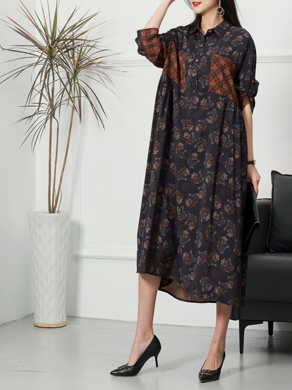 Floral Button Front Shirt Dress With Contrast Geometric Panel Midi Dress