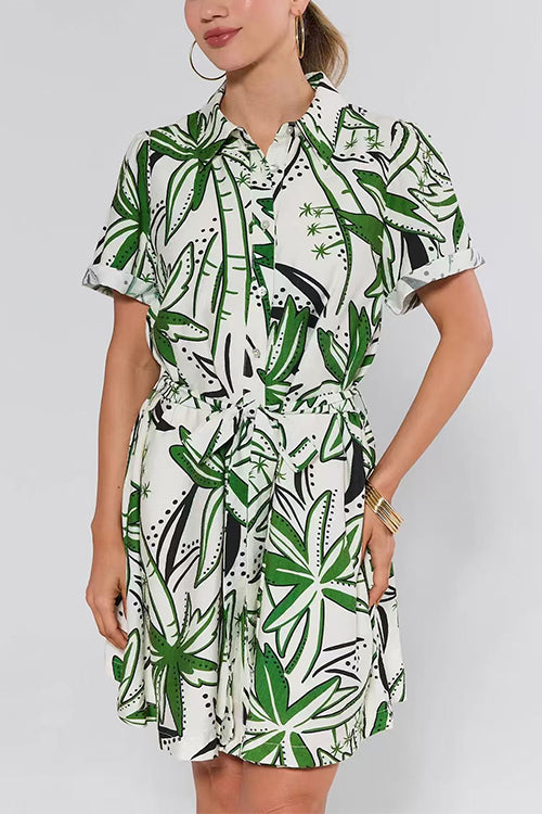 Short Sleeves Button Down Tie Waist Printed Mini Shirt Dress