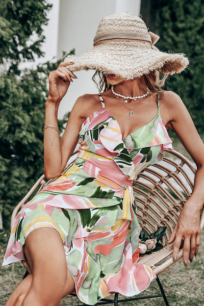 Deep V Floral Print Tiered Mini Dress