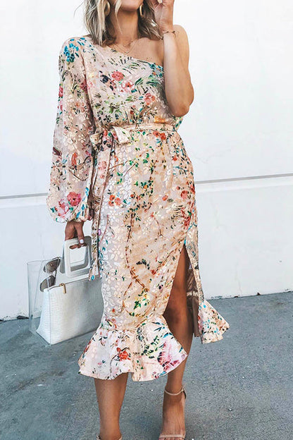One Shoulder Bishop Sleeve Tie Waist Wrap Slit Floral Print Midi Dress