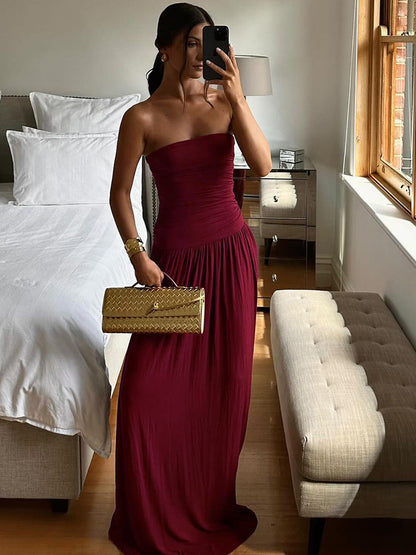 Strapless Ruched Bodice Flowy Gathered Skirt Floor Length Maxi Dress