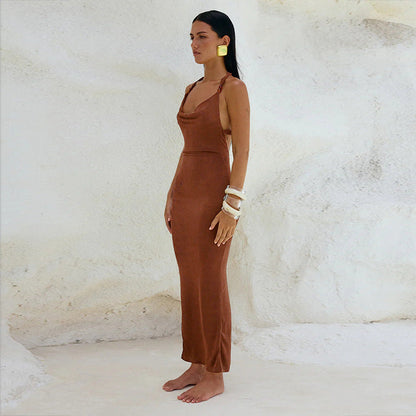 Halter Cowl Neck Backless Bodycon Column Maxi Dress