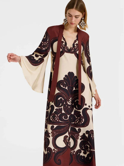 Botanical Print Spaghetti Strap Satin Slip Midi Dress