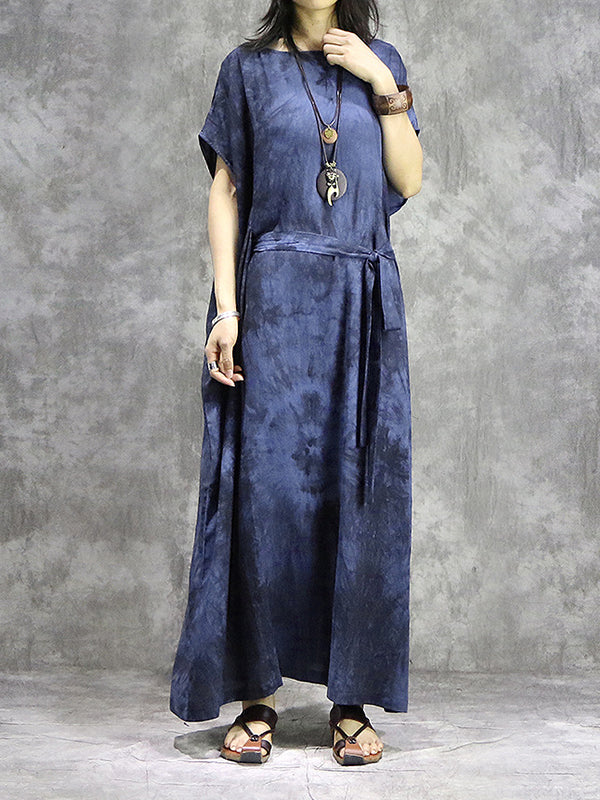 Tie Dye Oversized Short Sleeve Kaftan Shift Column Maxi Dress