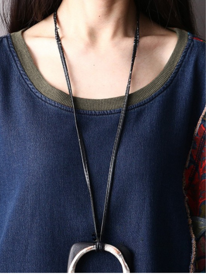 Scoop Neck Floral Panel Oversized Denim Tunic Dress