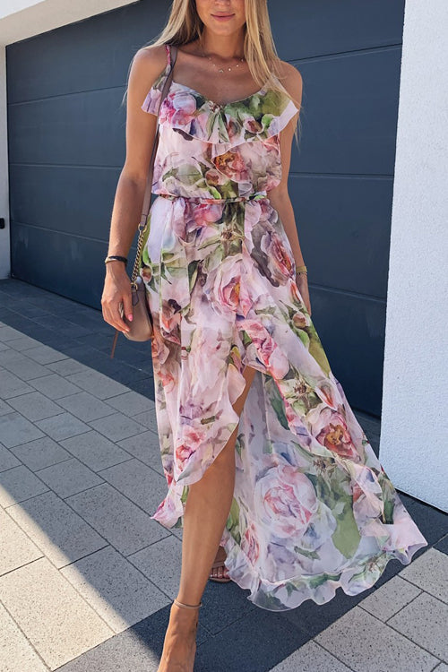 Spaghetti Strap V-Neck Ruffle Trim Watercolor Floral Maxi Dress