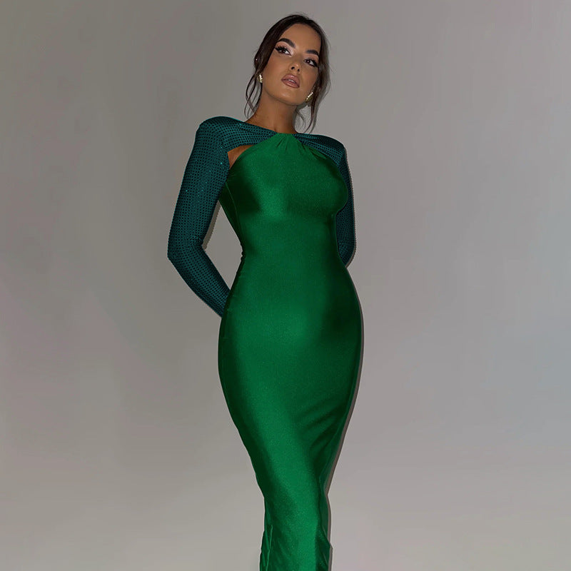 Halter Neck Rhinestone Long Sleeve Shoulder Cutout Bodycon Maxi Dress