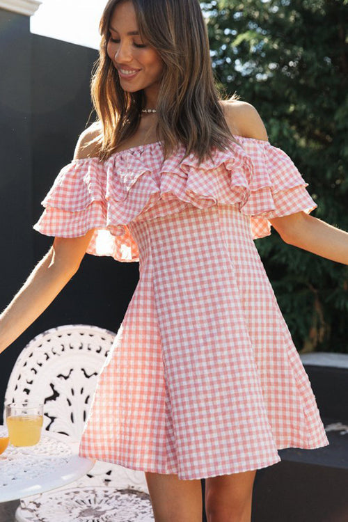 Off Shoulder Gingham Tiered Ruffle Mini Dress