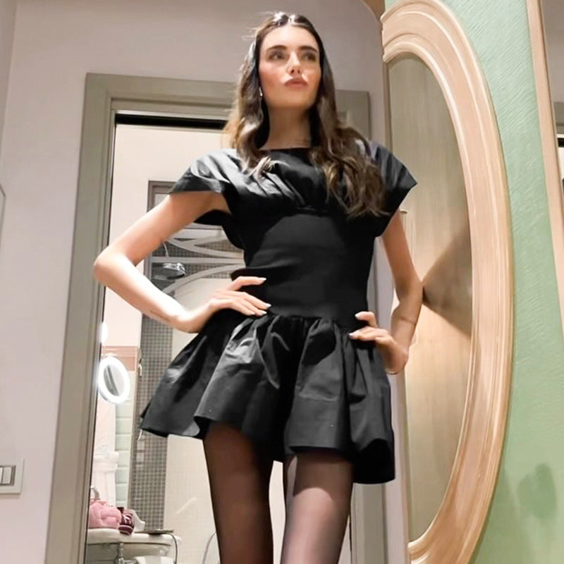 Boat Neck Cap Sleeve Fit and Flare Pleated Skater Mini Dress