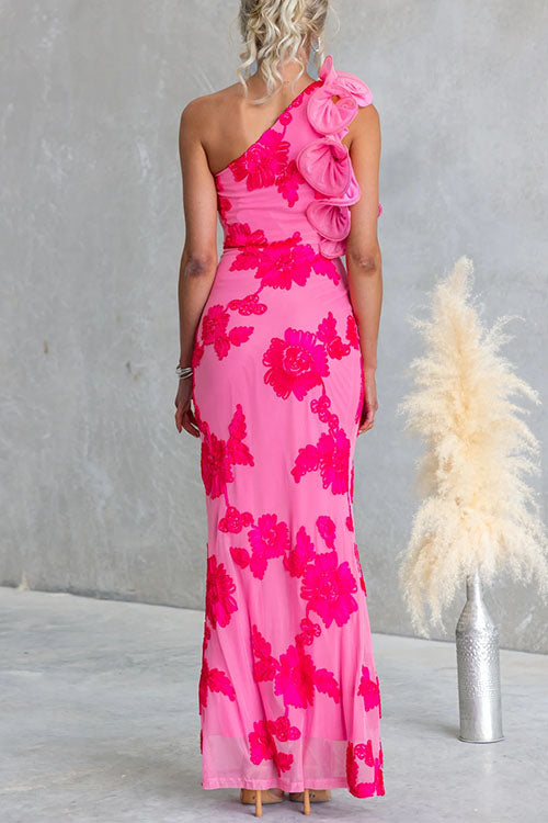 Chic Ruffle One Shoulder Sleeveless Floral Mesh Maxi Dress