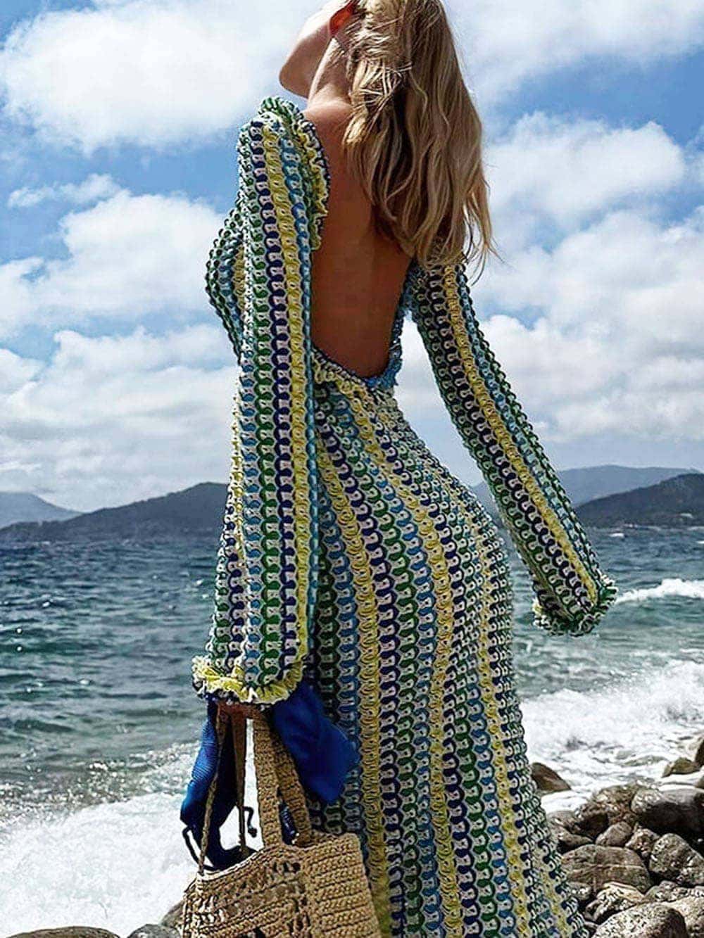 Crew Neck Crochet Zigzag Stripe Open Back Bodycon Maxi Dress
