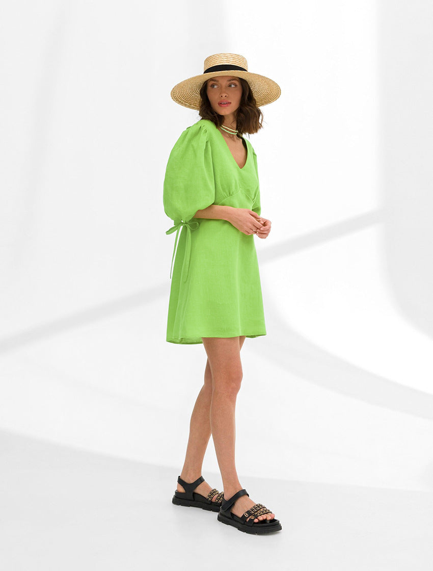 Deep V Neck Puff Sleeve Tie Cuff Empire Waist Linen Mini Dress