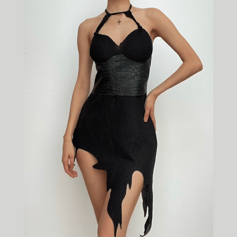 Halter Sweetheart Croc Embossed Corset Panel Shredded Hem Mini Dress