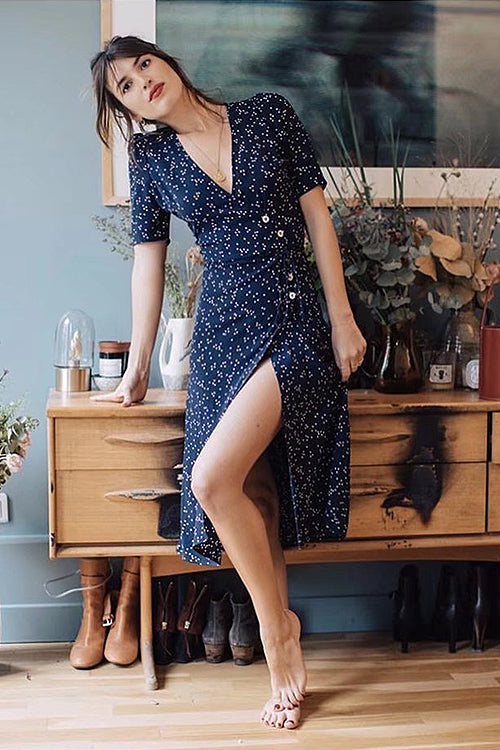 V Neck Ditsy Print Button Front Wrap Midi Dress