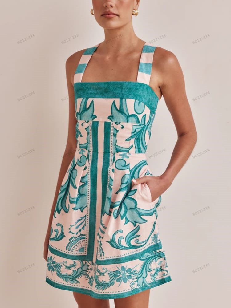 Graphic Print Spaghetti Strap Smocked Tier Mini Dress